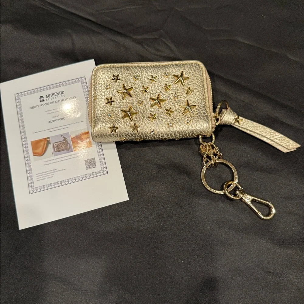 Jimmy Choo Gold Metallic Star Studded Key Holder Wallet with COA